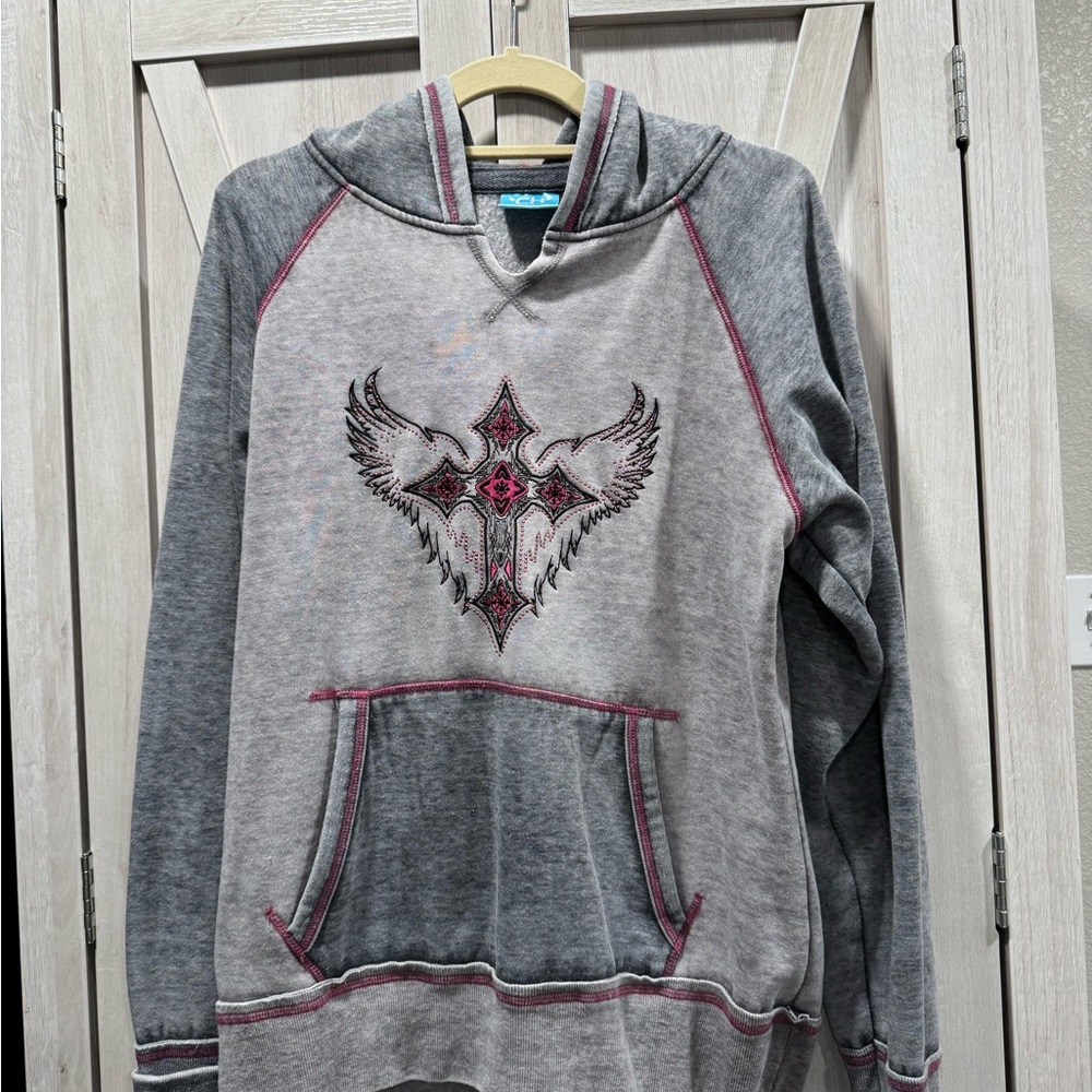 Gray and Pink Hooded Sweatshirt with Cross Design by Cowgirl Hardware.